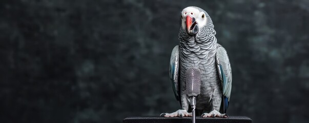 Fototapeta premium Pet play training skill concept. Gray parrot perched on a surface with a dark background.
