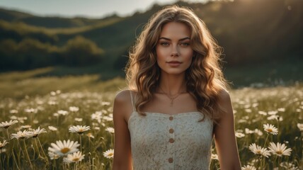 portrait of a beautiful young girl in a chamomile field