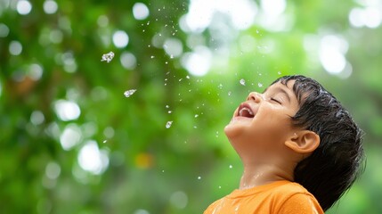 Fototapeta premium Joyful asian child playing with water in nature