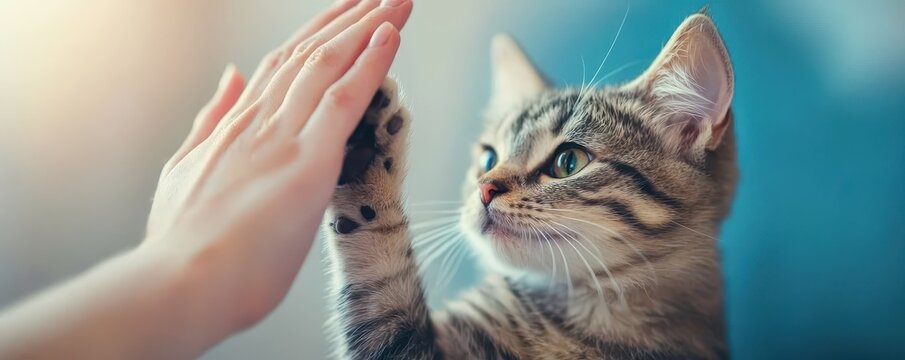 Pet play training skill concept. A cat high-fives a person's hand in a playful interaction.