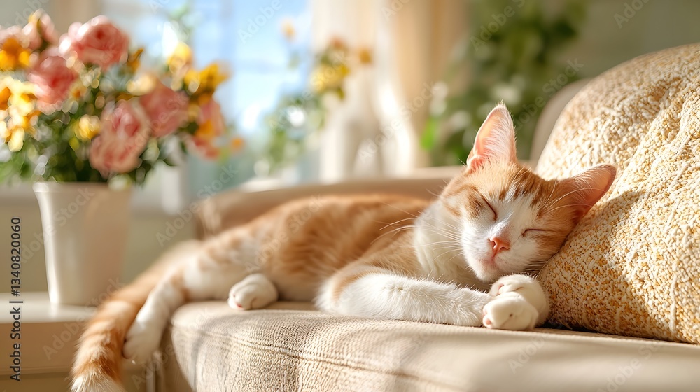 Poster adorable calico cat curled up comfortably on a couch basking in the warm afternoon sunlight filterin