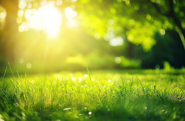Fototapeta premium Beautiful Blurred Background of Natural Green Grass with Sun Rays, a Perfect Nature Concept for Design, Banners, Wallpapers, and Product Backdrops