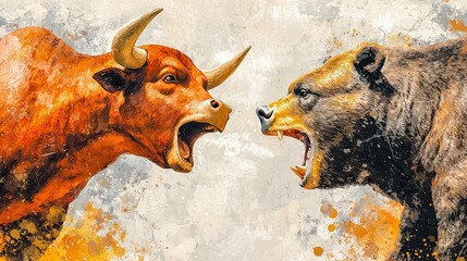 Two fierce animals, a bull and a bear, face off in an intense confrontation, showcasing strength and determination in a vibrant, artistic style. financial, stock, market, Bearish, Bullish.