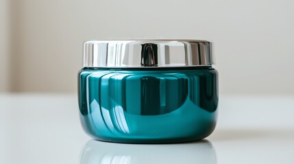 Stylish teal jar with a shiny silver lid, perfect for cosmetics or storage.