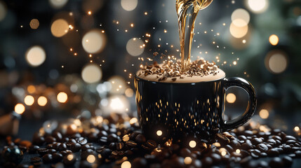 Coffee being poured into a cup with coffee beans scattered around.