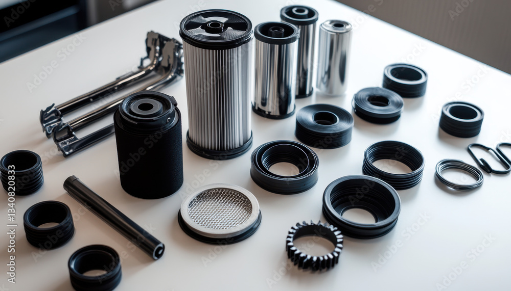 Poster numerous mechanical components and filters are organized on a table, showcasing a variety of sizes a
