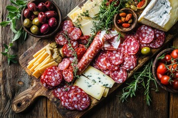 Rustic charcuterie board artfully displaying cured salami cheese olives and tomatoes on a wooden table for a vibrant epicurean experience