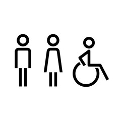 WC room signage, Man, woman and disabled icon, Toilet and bathroom sign, Simple line design, Vector illustration