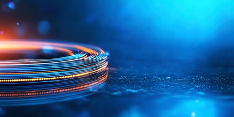 Fiber optic network efficiency concept.  Vibrant Light Trails on Dark Surface with Blue and Orange Highlights