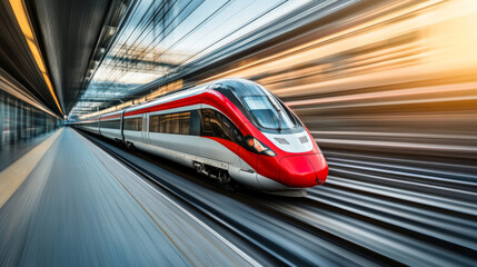 Fototapeta premium High-speed train travels through a modern station during sunset in an urban environment