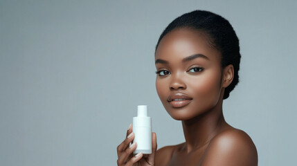 Woman showcases her glowing skin while holding a skincare bottle in a minimalistic studio setting during the daytime