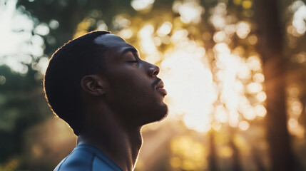 Deep breath taken by athlete preparing for throw in serene outdoor setting at sunset