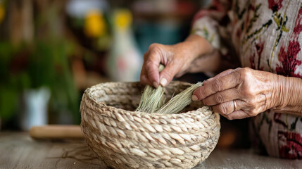 Crafting a natural fiber basket using traditional weaving techniques in a serene workshop setting