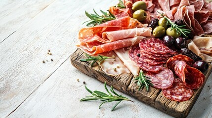 Delicious charcuterie board with cured meat selection on rustic wooden tray perfect for party appetizer