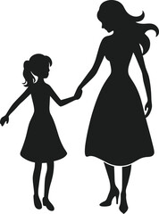 Elegant Mother and Daughter Holding Hands - Silhouette Vector Illustration