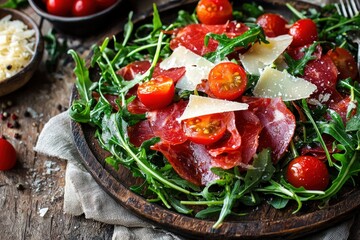 Fresh salad delight with arugula beef and cherry tomatoes on a rustic wooden platter artistic display