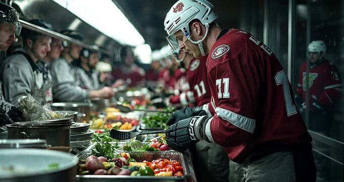 Generic people serving food in a team kitchen. Includes a person in a red jersey with number. Trays of vegetables, red, green colors. Inside scene with bright lights