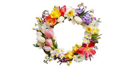 Colorful spring flowers forming a beautiful wreath on transparent background