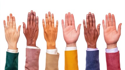 A diverse range of hands raised, showcasing various skin tones, symbolizing inclusivity and unity.