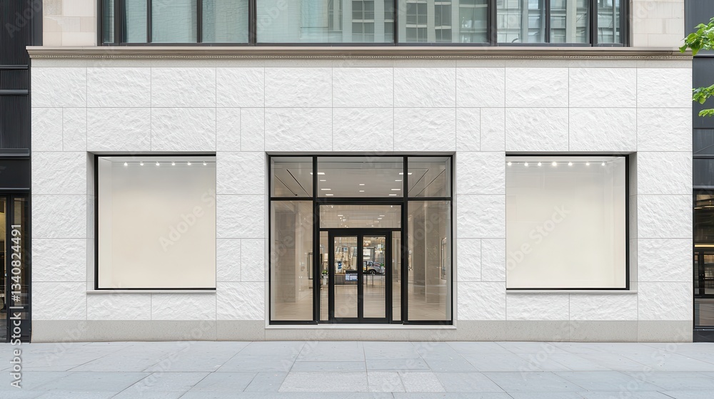 Poster modern retail storefront with empty windows and minimalist style in urban setting in daylight