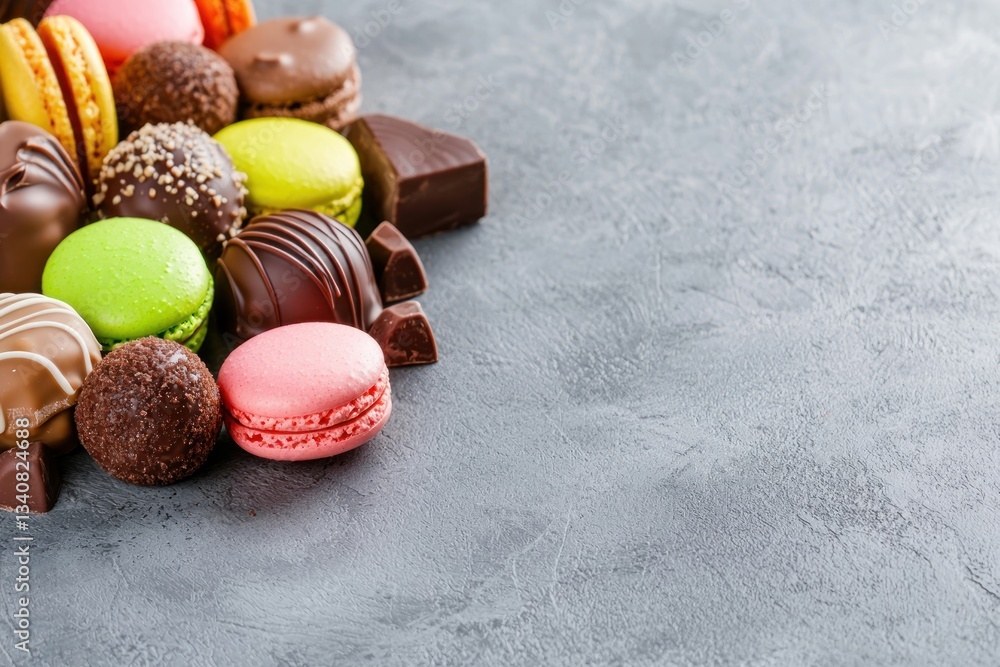 Poster assorted confectioneries on textured background vibrant macarons chocolate truffles with focus on de