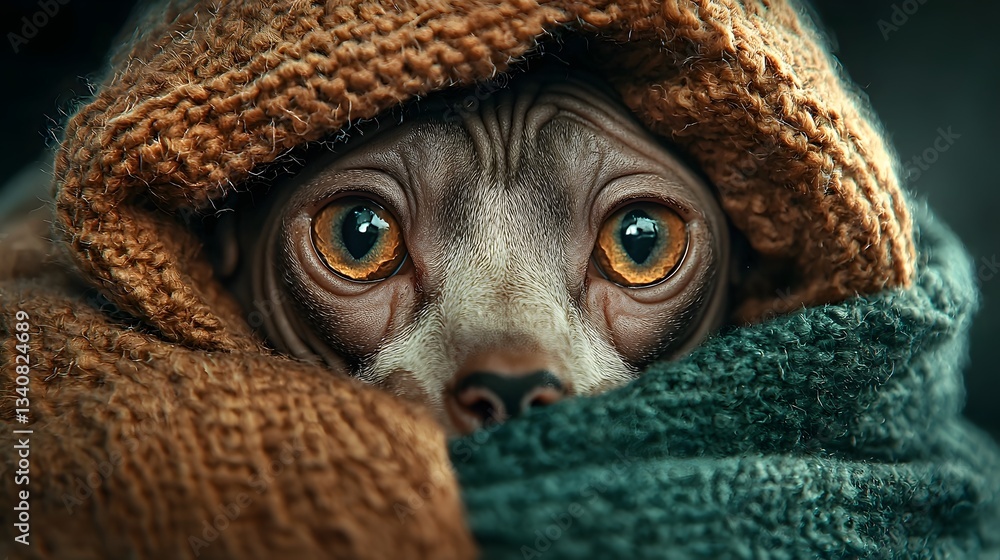 Poster curious sphynx cat wrapped in a warm fuzzy blanket its expressive eyes and large ears making it look