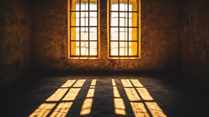 Sunlit Shadows in an Abandoned Room with Rustic Windows