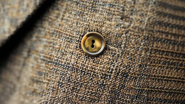 Elegant Brown Tweed Blazer Detail, Close-Up of Button and Fabric Texture