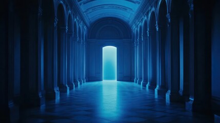 Obraz premium Blue-lit hall, columns, glowing doorway, marble floor, arched ceiling; fantasy, game backdrop