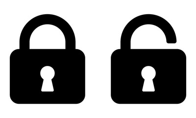 Lock and unlock icons. Simple black shapes. Closed and open padlock symbols. Safety and security concept. Flat vector graphic design illustration.
