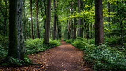 Fototapeta premium Forest Path Through Lush Green Woodland with Sunlight