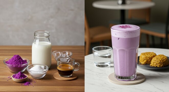 Making Ube Latte with Espresso, Milk and Powder for Coffee Drink