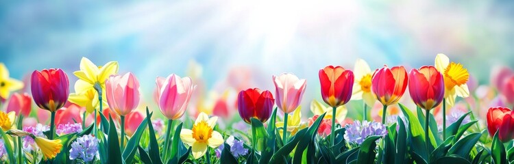 Colorful spring flowers like tulips and daffodils in the meadow against a blue sky background with sun rays.