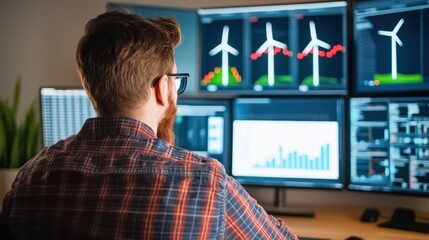 A man analyzes data on multiple screens displaying wind turbine statistics and graphics.