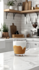 Freshly brewed caramel macchiato with milk in a cozy kitchen in transparent glass.