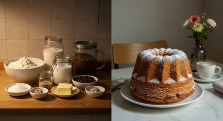 Preparing and Enjoying Gugelhupf Cake with Ingredients and Coffee