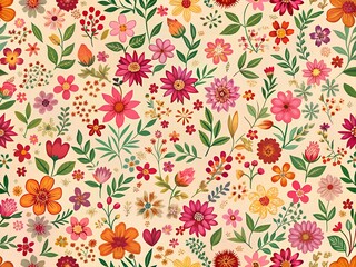 Seamless Pattern of Colorful Illustrative Flowers on a Light Background