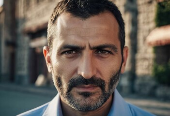 In Yerevan, a determined Armenian man gazes thoughtfully at the camera, his expression reflecting strength and resilience against the backdrop of historic architecture Generative AI