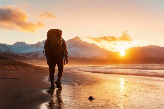 A traveler with a large backpack standing on a sandy beach, gazing at the ocean waves as the sun sets