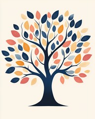 Obraz premium Elegant Abstract Tree with Colorful Autumn Leaves, Minimalist Nature Illustration, Modern Botanical Art in Warm Tones
