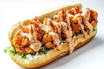 Appetizing fried shrimp po boy sandwich with creamy sauce on fresh lettuce isolated on white
