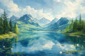  Serene Mountain Landscape with a Clear Blue Lake and Lush Greenery