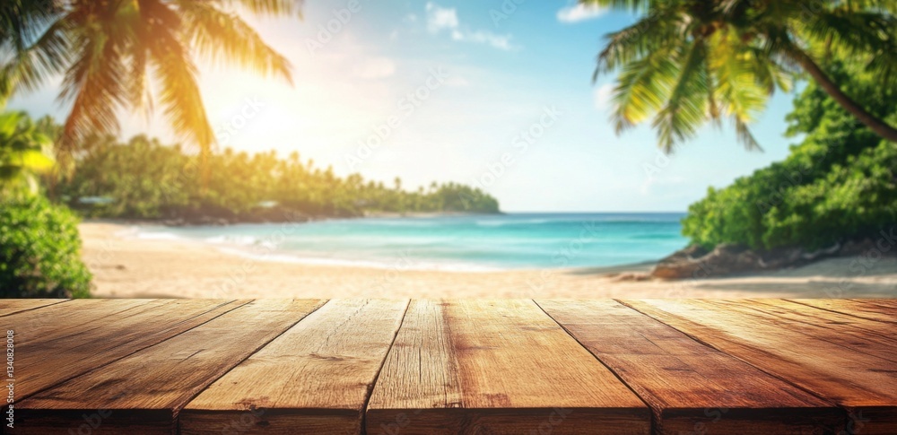 Aufkleber empty wooden table top with blurred tropical beach background for product display and summer vacatio