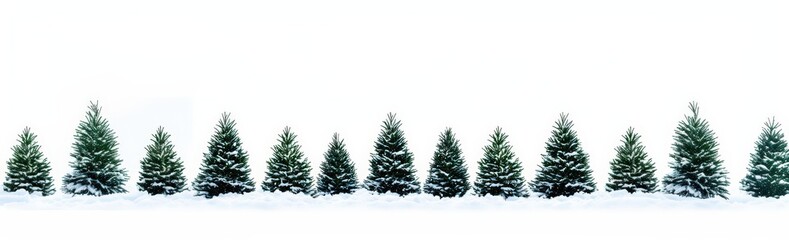 Fototapeta premium A Row of Tall Green Pine Trees in a Snowy Landscape and Soft Light