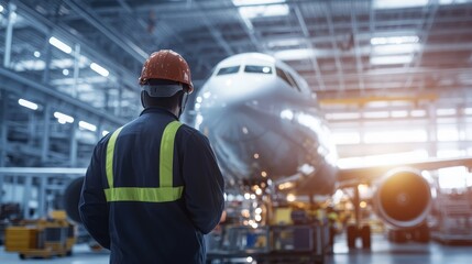 Aircraft technician inspecting a plane in a spacious hangar with tools and equipment around