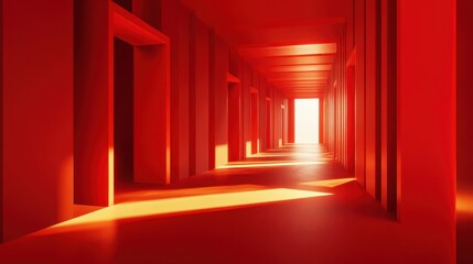 Fototapeta premium Vibrant Red Hallway with Soft Shadows and Bright Light Entryway