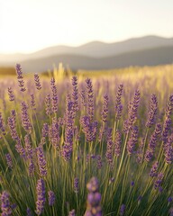 Naklejka premium Lavender Field at Golden Hour with Soft Hilly Background Landscape