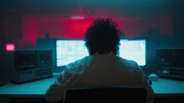 A data analyst working in a dimly lit control room with multiple monitors. Cybersecurity, surveillance, and intelligence analysis in a high-tech environment
