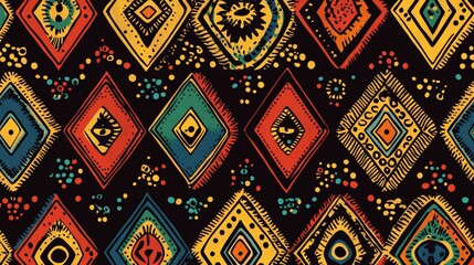 Colorful geometric patterns on a dark background, suitable for textiles or graphic design.