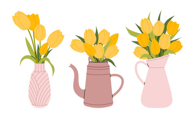 Yellow tulips. Set flat illustrations bouquets spring flowers in vase, teapot and jug. For postcards, interior decor, social media, blog, sticker, labels, covers. 
